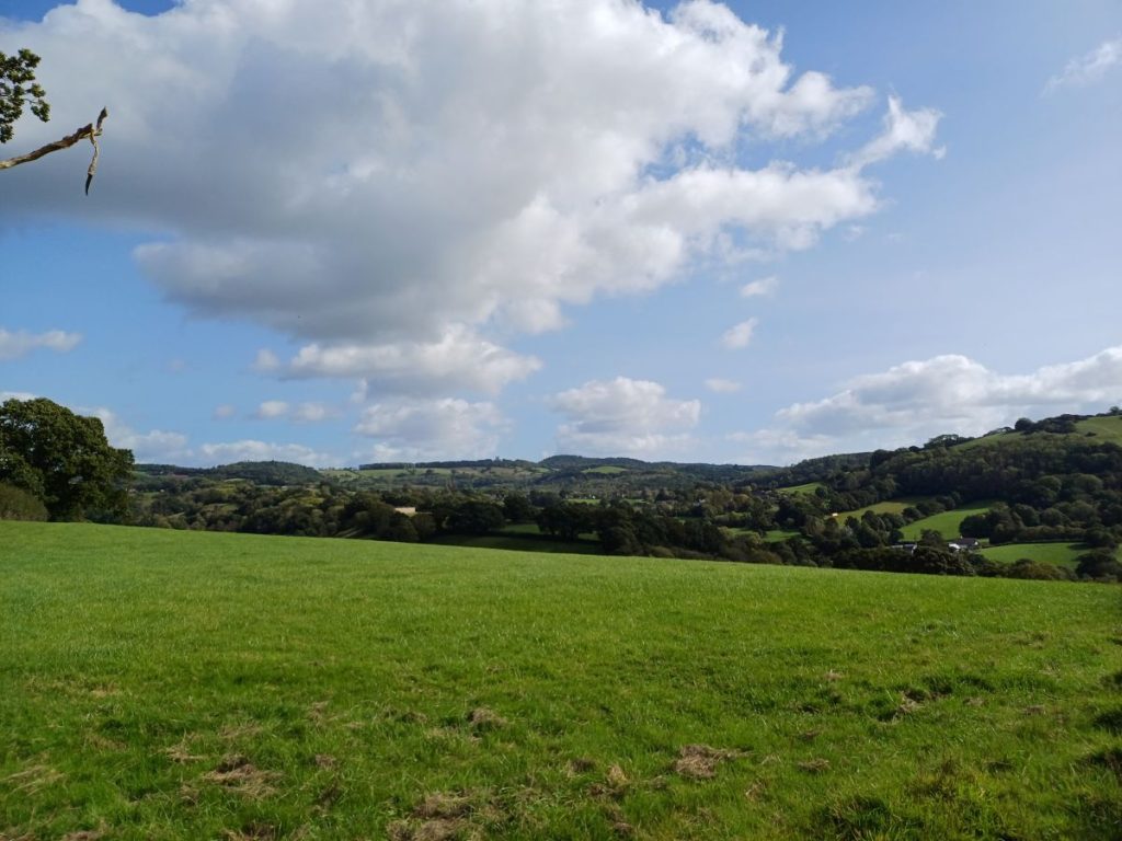 Picture shows blue sky, clouds and fields